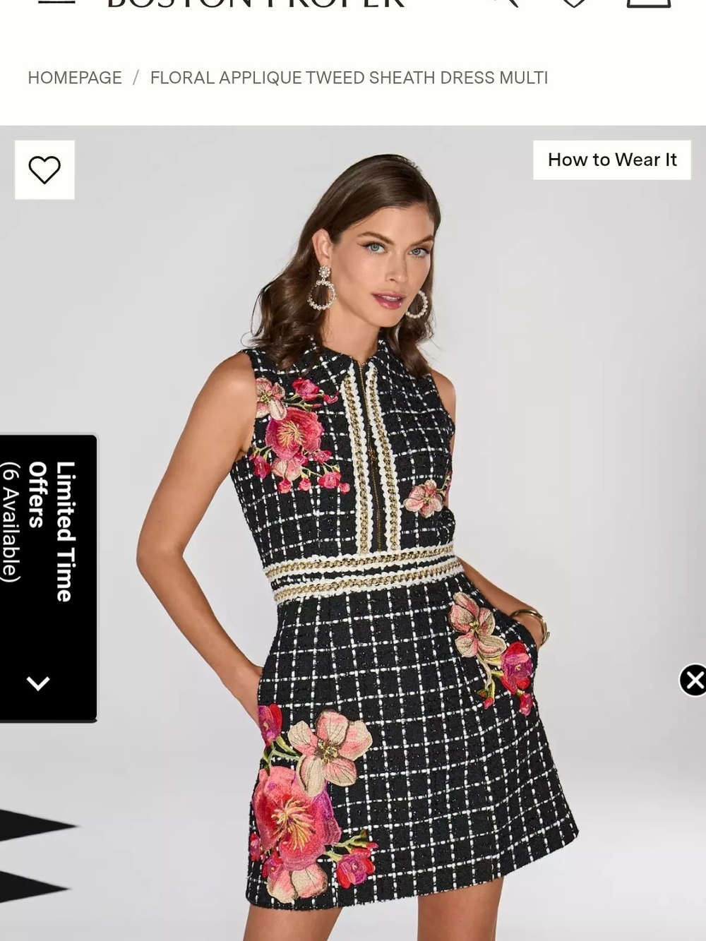 Boston Proper Black Tweed Mini Dress with Pink Floral Appliqués and Cream Trim